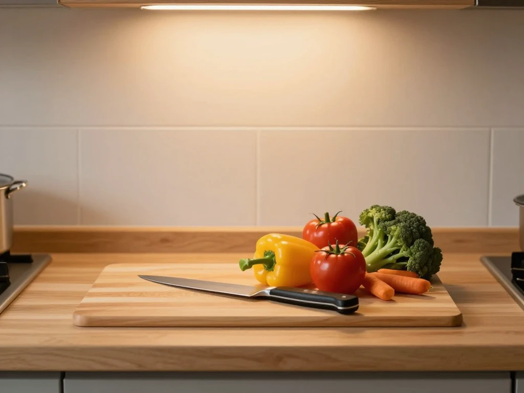 Soft kitchen lighting over a calm preparation surface
